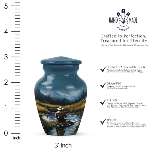 Azure Fishing Cremation Urn close-up of engraving and surface detail - classic sculpted fishing pattern on smooth aluminum - mini keepsake memorial for portion of cremation ashes