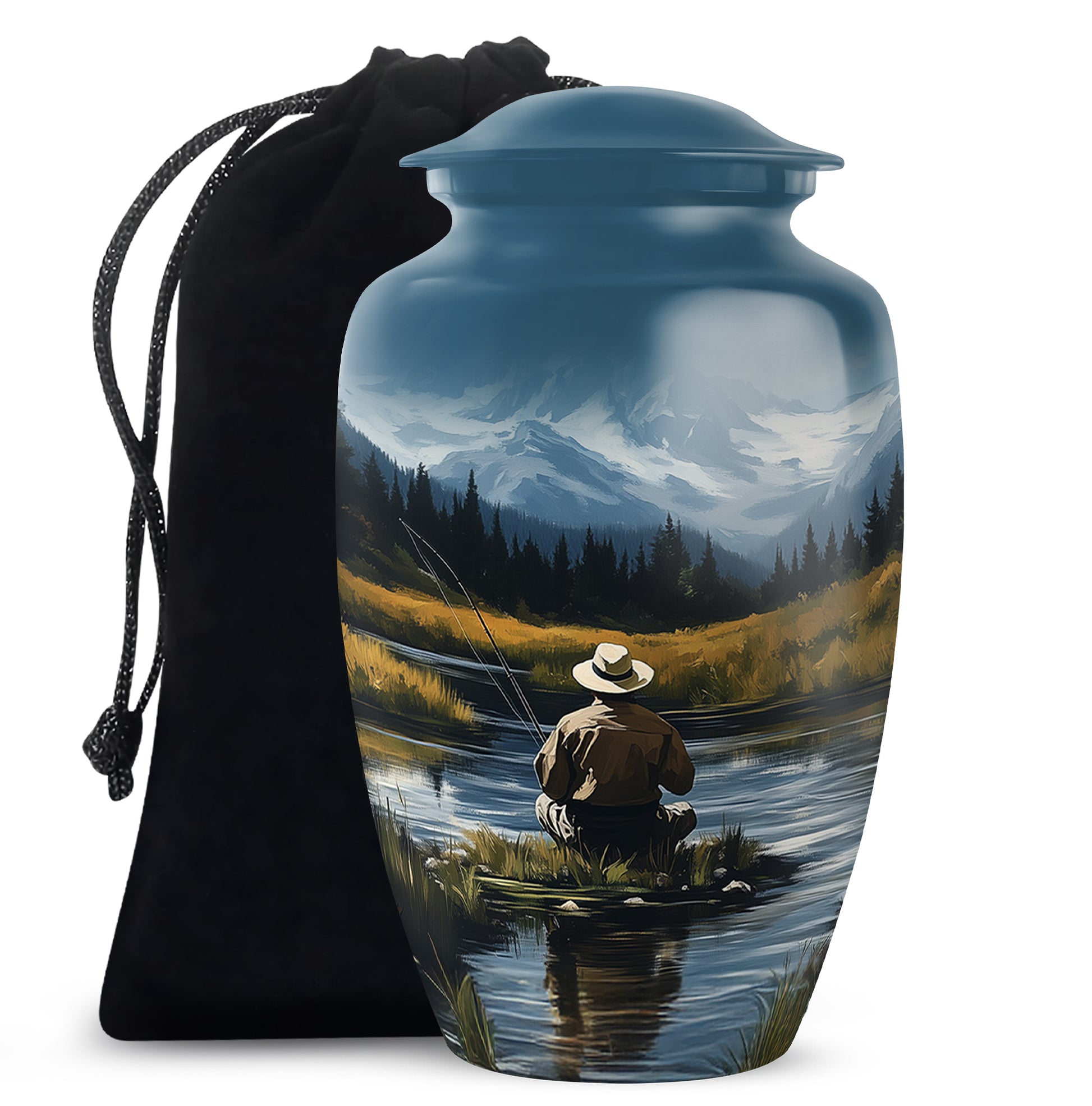 Indigo Fishing Cremation Urn angled view of lid and engraved motif - classic sculpted fishing pattern on smooth aluminum - full-size 10 inch 200 cubic inch adult cremation urn