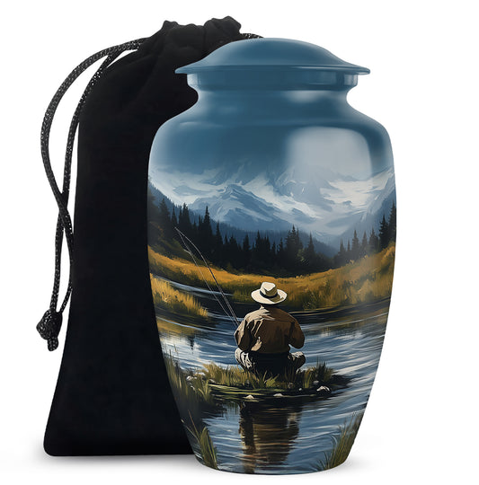 Indigo Fishing Cremation Urn angled view of lid and engraved motif - classic sculpted fishing pattern on smooth aluminum - full-size 10 inch 200 cubic inch adult cremation urn