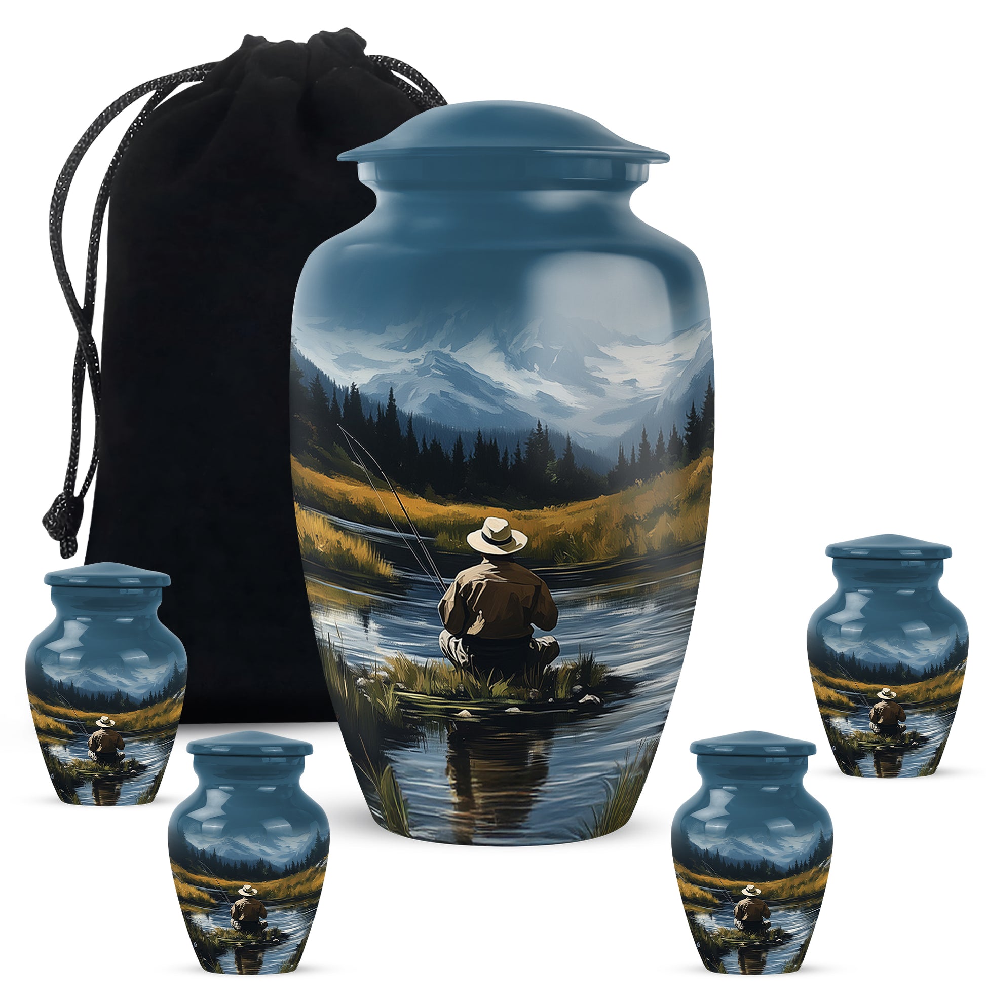 Serene Blue Fishing Cremation Urn top-down view of secure threaded lid - traditional fishing engraving with hand-polished finish - memorial set with one large and four small urns