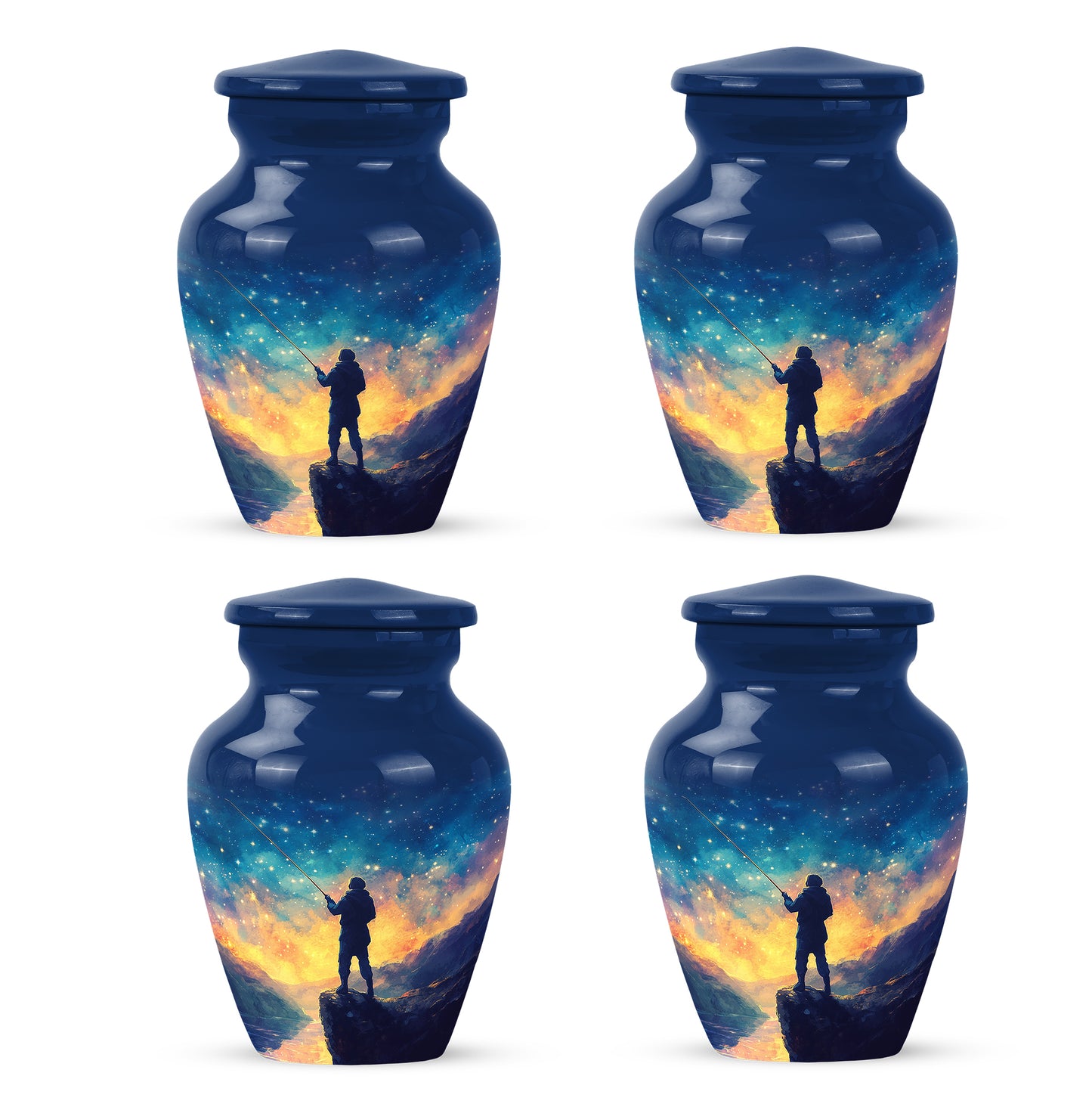 Calming Blue Fishing Cremation Urn side profile showing urn shape - traditional fishing engraving with hand-polished finish - 10 inch aluminum urn for cremated remains