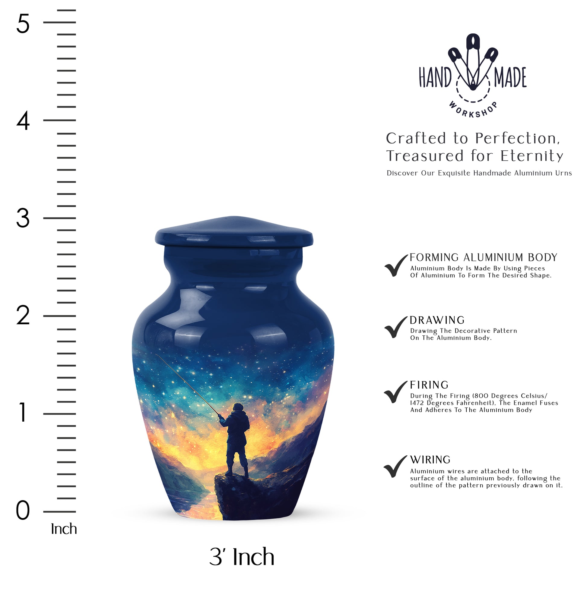 Cobalt Blue Fishing Cremation Urn close-up of engraving and surface detail - traditional fishing engraving with hand-polished finish - mini keepsake memorial for portion of cremation ashes
