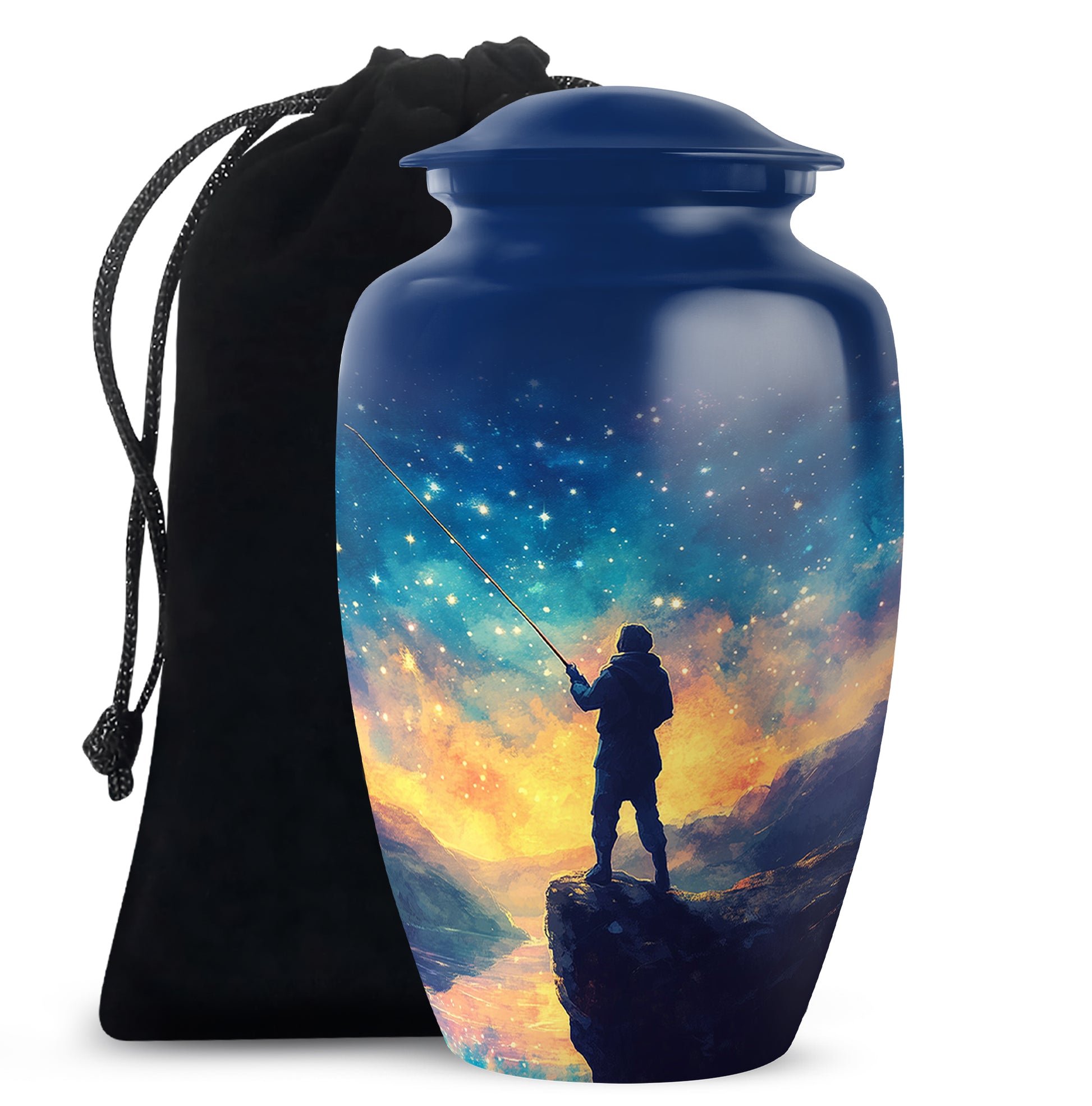 Azure Fishing Cremation Urn angled view of lid and engraved motif - classic sculpted fishing pattern on smooth aluminum - full-size 10 inch 200 cubic inch adult cremation urn
