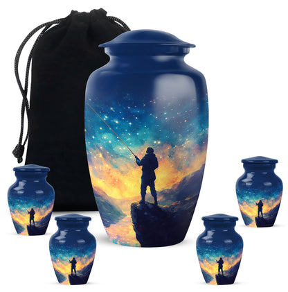 Steel Blue Fishing Cremation Urn top-down view of secure threaded lid - traditional fishing engraving with hand-polished finish - memorial set with one large and four small urns