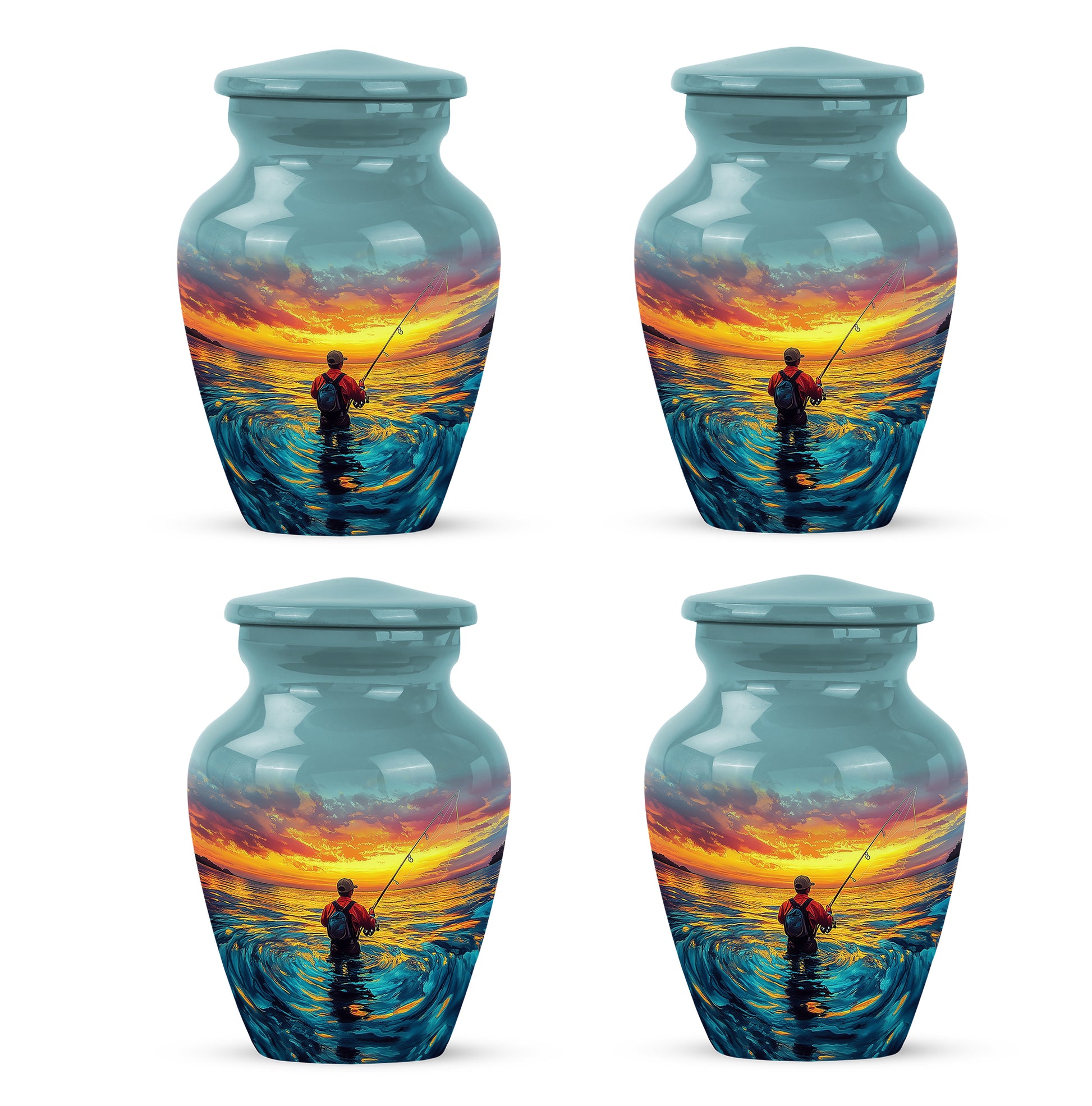 Mystic Teal Fishing Cremation Urn side profile showing urn shape - traditional fishing engraving with hand-polished finish - 10 inch aluminum urn for cremated remains