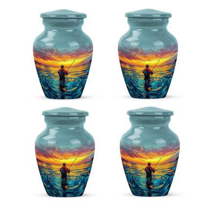 Mystic Teal Fishing Cremation Urn side profile showing urn shape - traditional fishing engraving with hand-polished finish - 10 inch aluminum urn for cremated remains