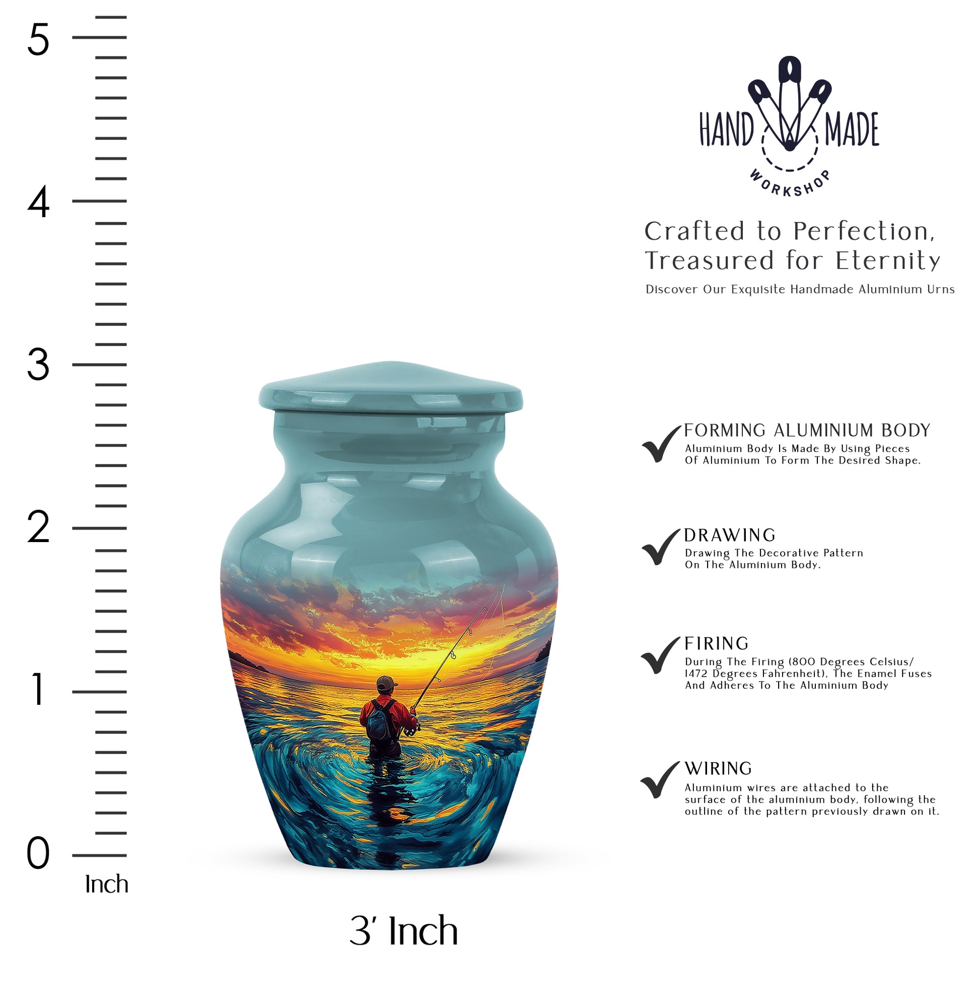 Jewel Teal Fishing Cremation Urn close-up of engraving and surface detail - classic sculpted fishing pattern on smooth aluminum - mini keepsake memorial for portion of cremation ashes