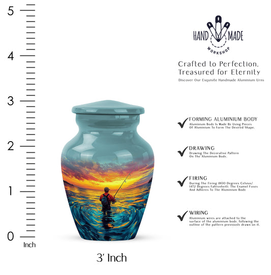 Jewel Teal Fishing Cremation Urn close-up of engraving and surface detail - classic sculpted fishing pattern on smooth aluminum - mini keepsake memorial for portion of cremation ashes