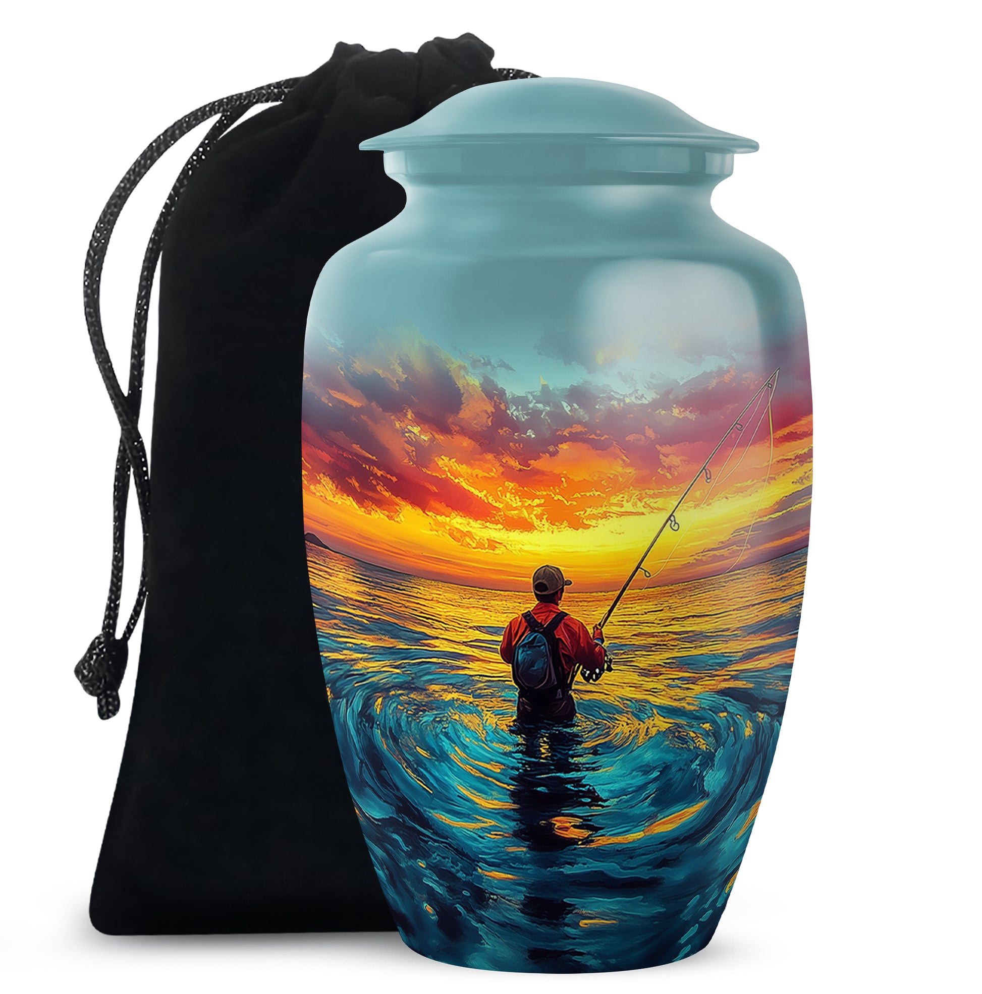 Mystic Teal Fishing Cremation Urn angled view of lid and engraved motif - elegant classic fishing relief with fine detailing - full-size 10 inch 200 cubic inch adult cremation urn