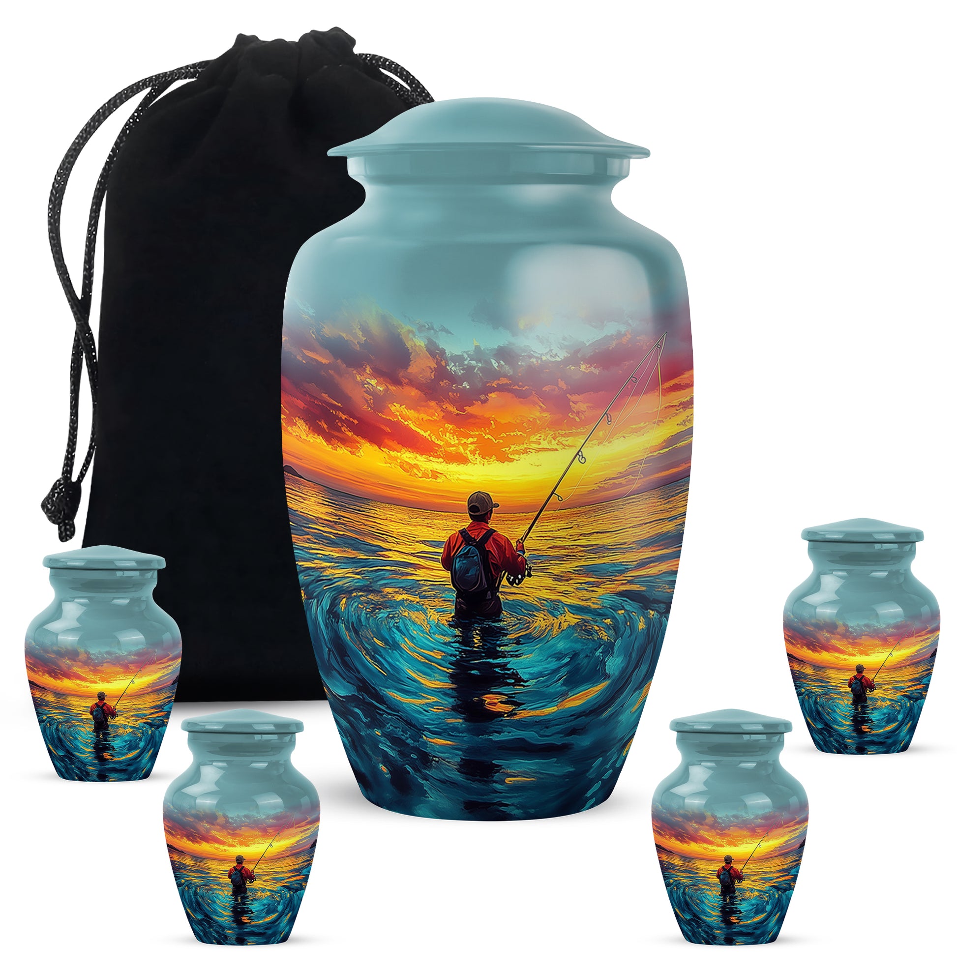 Jewel Teal Fishing Cremation Urn top-down view of secure threaded lid - timeless fishing motif etched into premium metal - memorial set with one large and four small urns