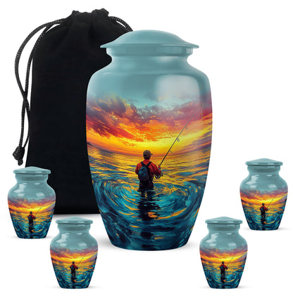 Jewel Teal Fishing Cremation Urn top-down view of secure threaded lid - timeless fishing motif etched into premium metal - memorial set with one large and four small urns
