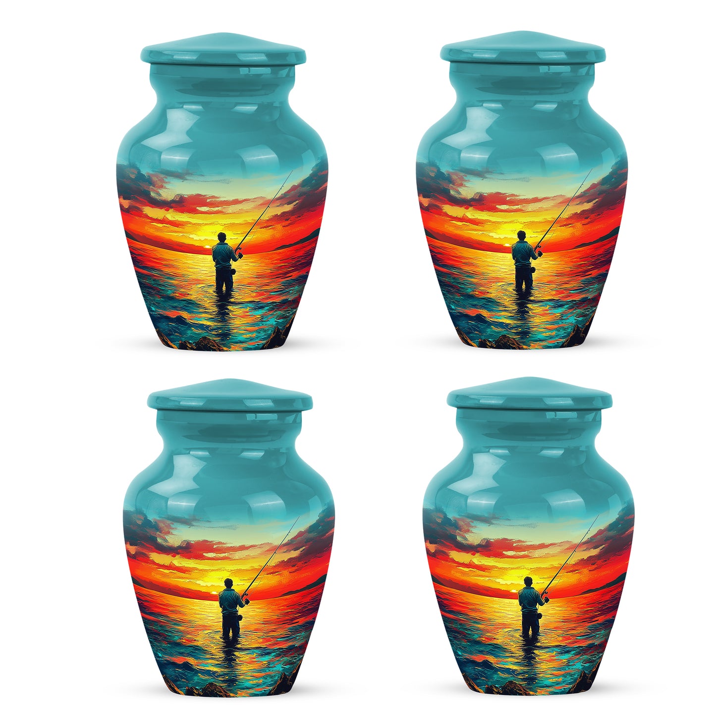 Aqua Teal Fishing Cremation Urn side profile showing urn shape - traditional fishing engraving with hand-polished finish - 10 inch aluminum urn for cremated remains