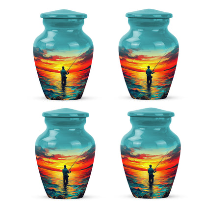 Aqua Teal Fishing Cremation Urn side profile showing urn shape - traditional fishing engraving with hand-polished finish - 10 inch aluminum urn for cremated remains