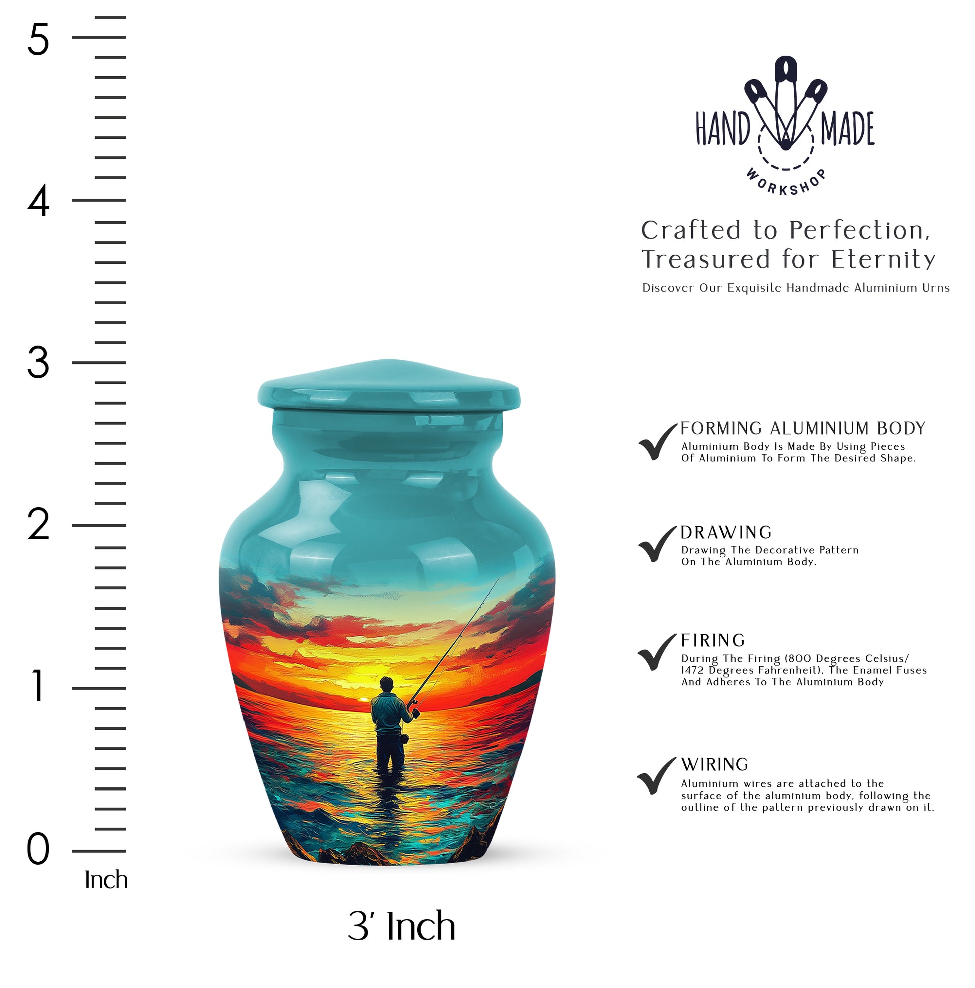 Tropical Teal Fishing Cremation Urn close-up of engraving and surface detail - traditional fishing engraving with hand-polished finish - mini keepsake memorial for portion of cremation ashes