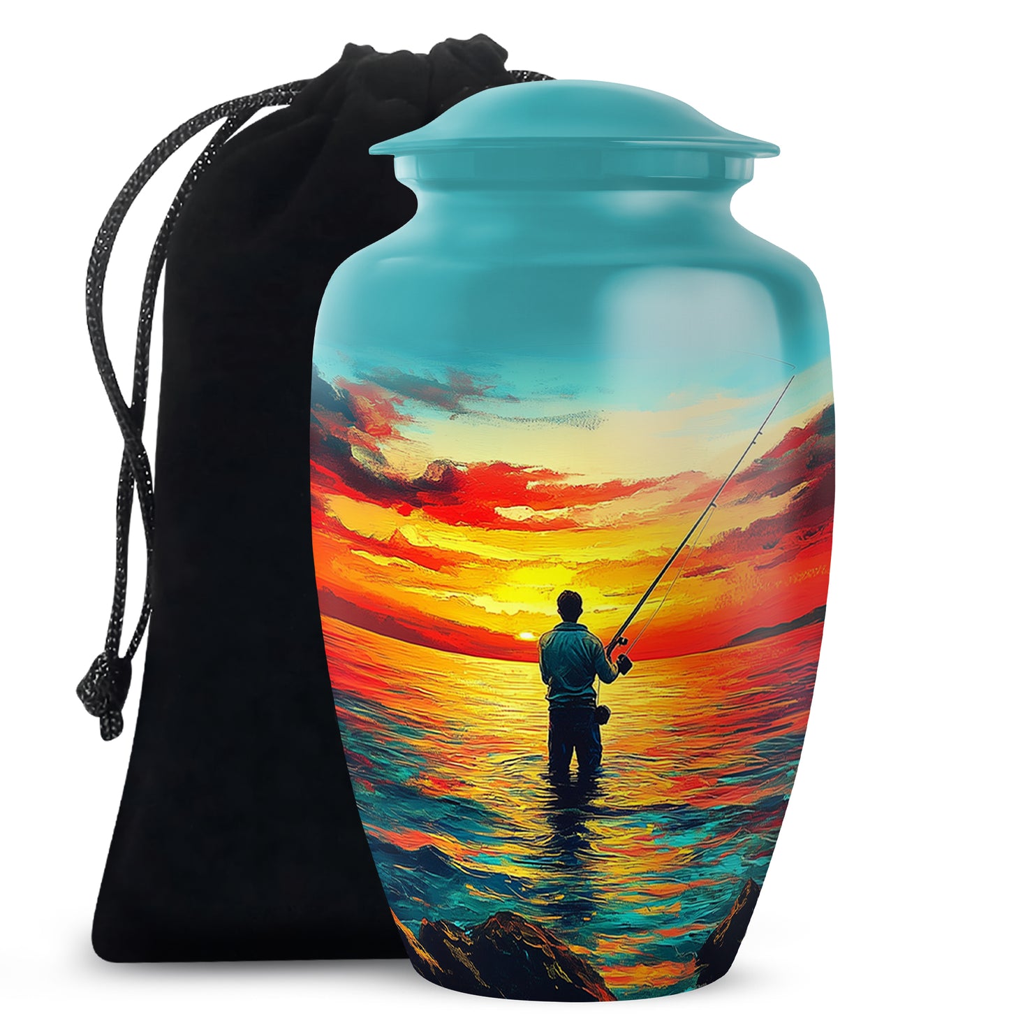 Mystic Teal Fishing Cremation Urn angled view of lid and engraved motif - traditional fishing engraving with hand-polished finish - full-size 10 inch 200 cubic inch adult cremation urn