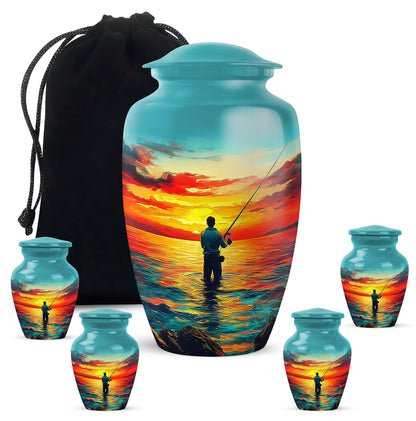 Sea Green Teal Fishing Cremation Urn top-down view of secure threaded lid - classic sculpted fishing pattern on smooth aluminum - memorial set with one large and four small urns