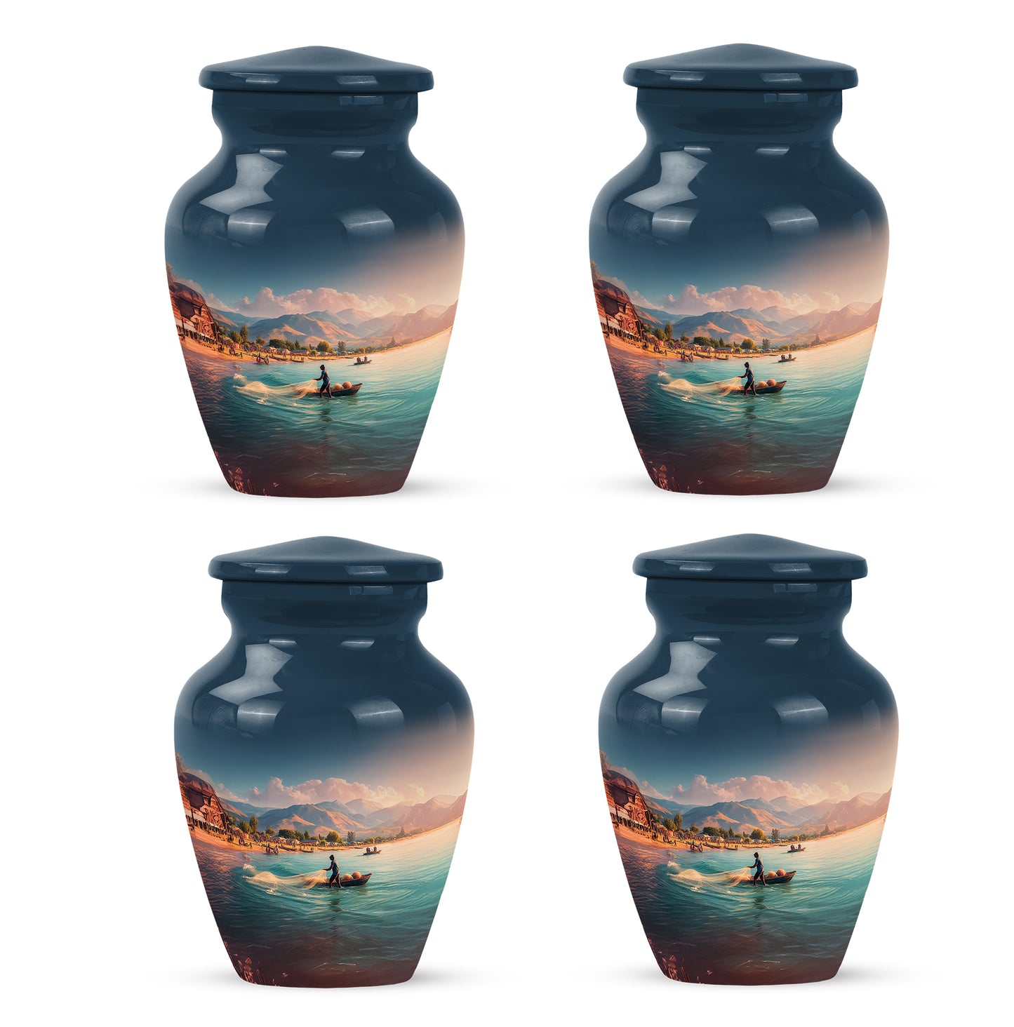 Cornflower Blue Fishing Cremation Urn side profile showing urn shape - traditional fishing engraving with hand-polished finish - 10 inch aluminum urn for cremated remains