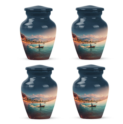 Cornflower Blue Fishing Cremation Urn side profile showing urn shape - traditional fishing engraving with hand-polished finish - 10 inch aluminum urn for cremated remains
