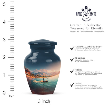 Calming Blue Fishing Cremation Urn close-up of engraving and surface detail - traditional fishing engraving with hand-polished finish - mini keepsake memorial for portion of cremation ashes
