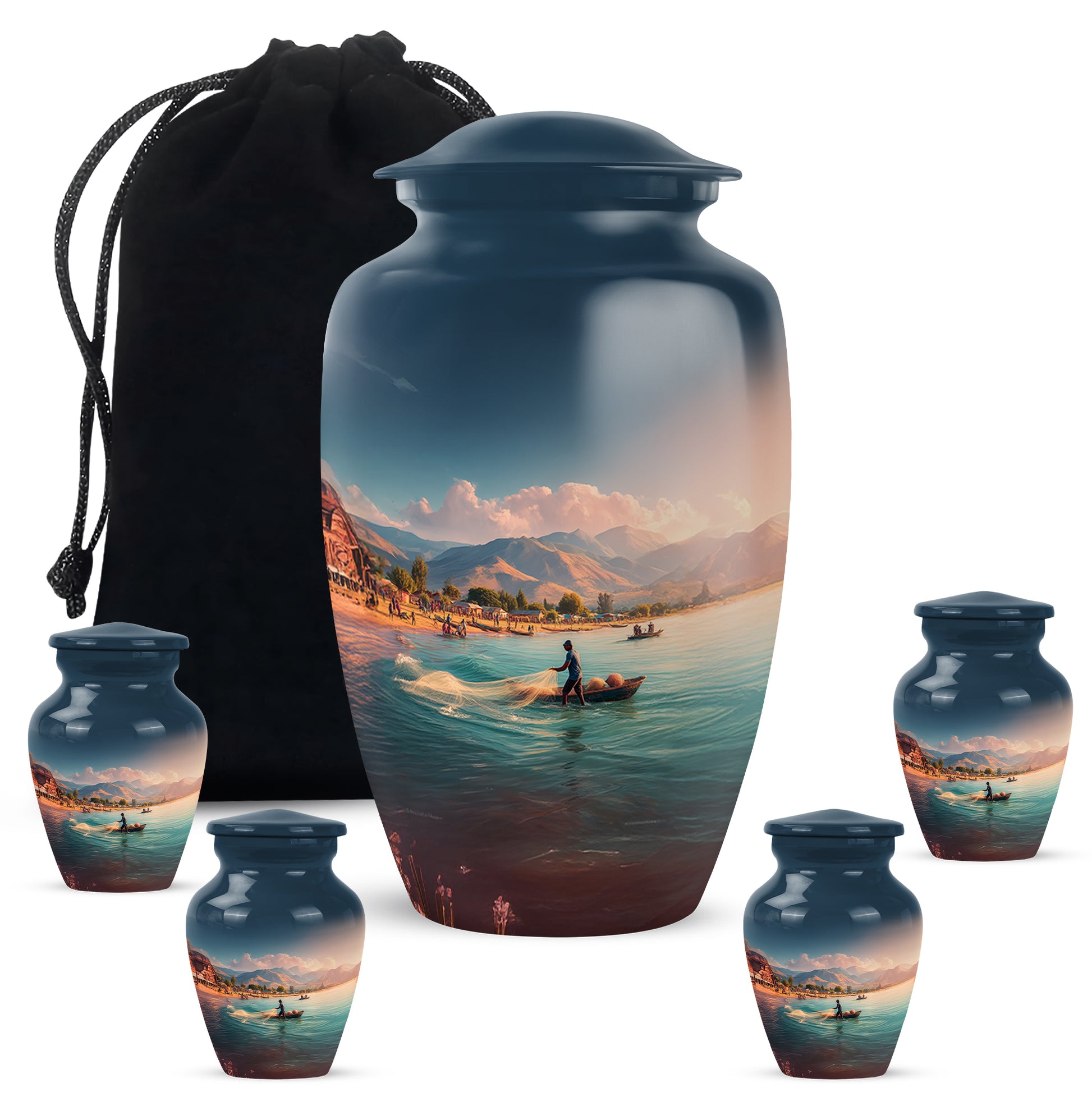 Steel Blue Fishing Cremation Urn top-down view of secure threaded lid - traditional fishing engraving with hand-polished finish - memorial set with one large and four small urns