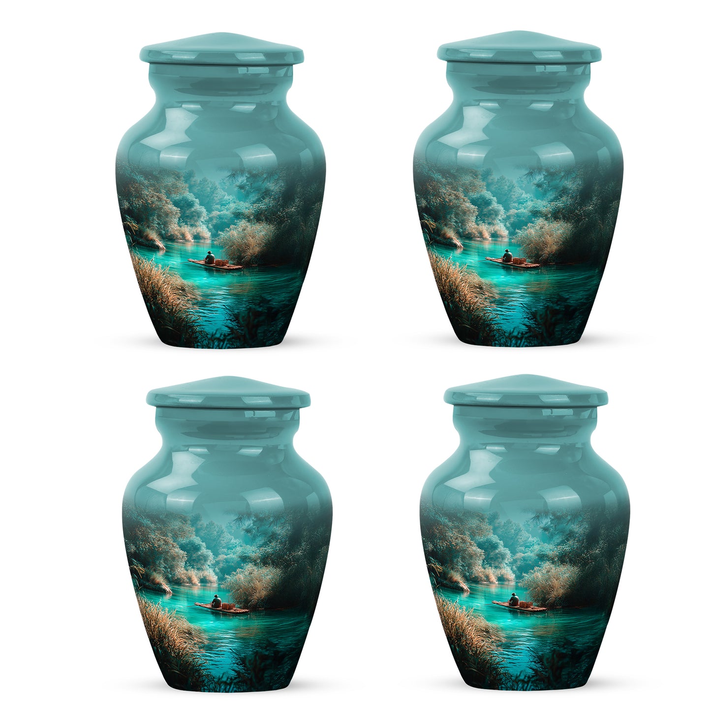 Vivid Teal Fishing Cremation Urn side profile showing urn shape - elegant classic fishing relief with fine detailing - 10 inch aluminum urn for cremated remains
