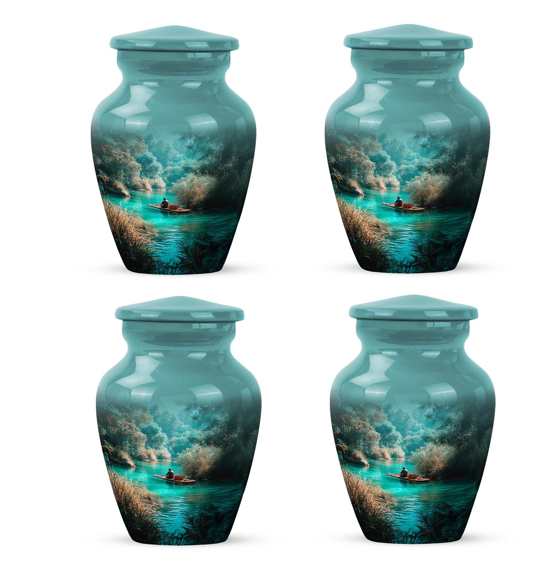 Vivid Teal Fishing Cremation Urn side profile showing urn shape - elegant classic fishing relief with fine detailing - 10 inch aluminum urn for cremated remains