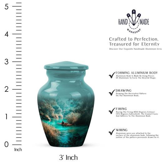 Cool Teal Fishing Cremation Urn close-up of engraving and surface detail - classic sculpted fishing pattern on smooth aluminum - mini keepsake memorial for portion of cremation ashes