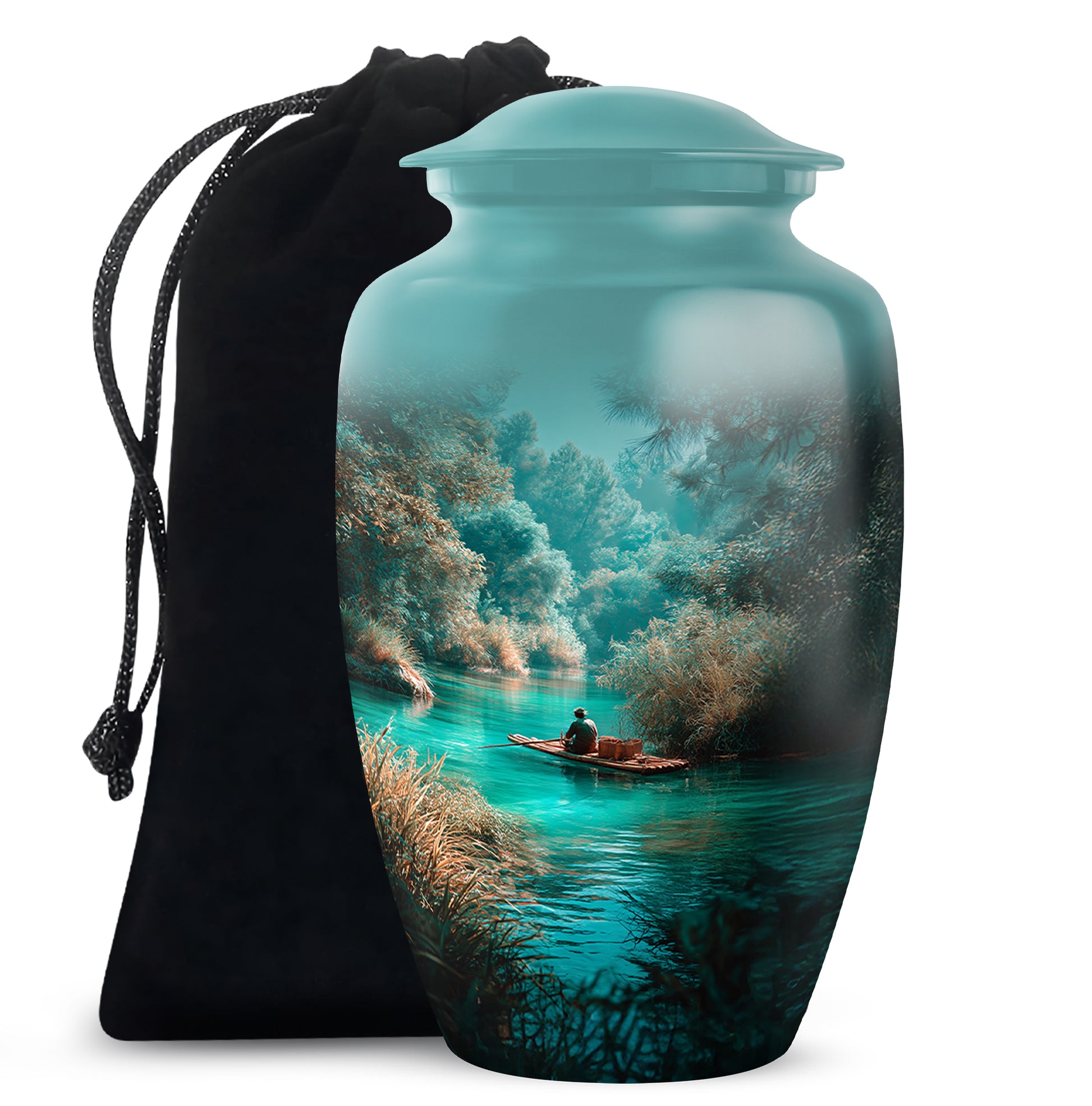 Deep Teal Fishing Cremation Urn angled view of lid and engraved motif - elegant classic fishing relief with fine detailing - full-size 10 inch 200 cubic inch adult cremation urn