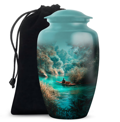Deep Teal Fishing Cremation Urn angled view of lid and engraved motif - elegant classic fishing relief with fine detailing - full-size 10 inch 200 cubic inch adult cremation urn