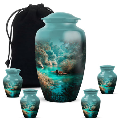 Cool Teal Fishing Cremation Urn top-down view of secure threaded lid - classic sculpted fishing pattern on smooth aluminum - memorial set with one large and four small urns