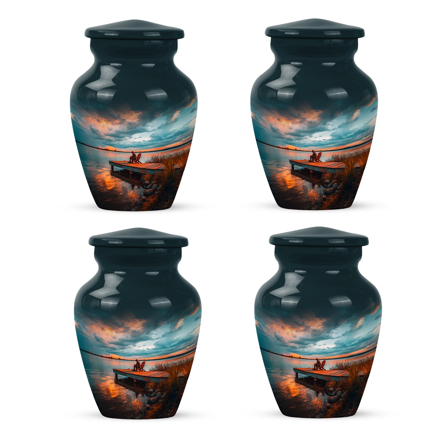 Deep Teal Fishing Cremation Urn side profile showing urn shape - elegant classic fishing relief with fine detailing - 10 inch aluminum urn for cremated remains