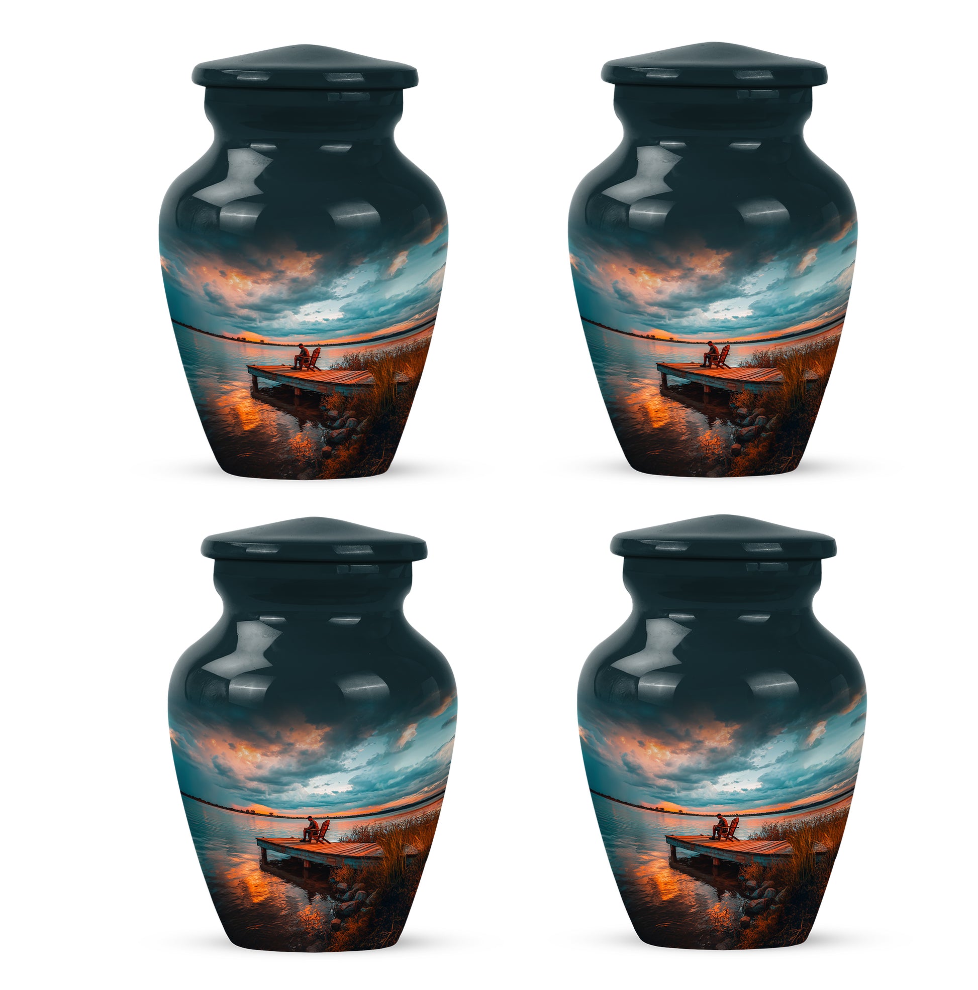 Deep Teal Fishing Cremation Urn side profile showing urn shape - elegant classic fishing relief with fine detailing - 10 inch aluminum urn for cremated remains