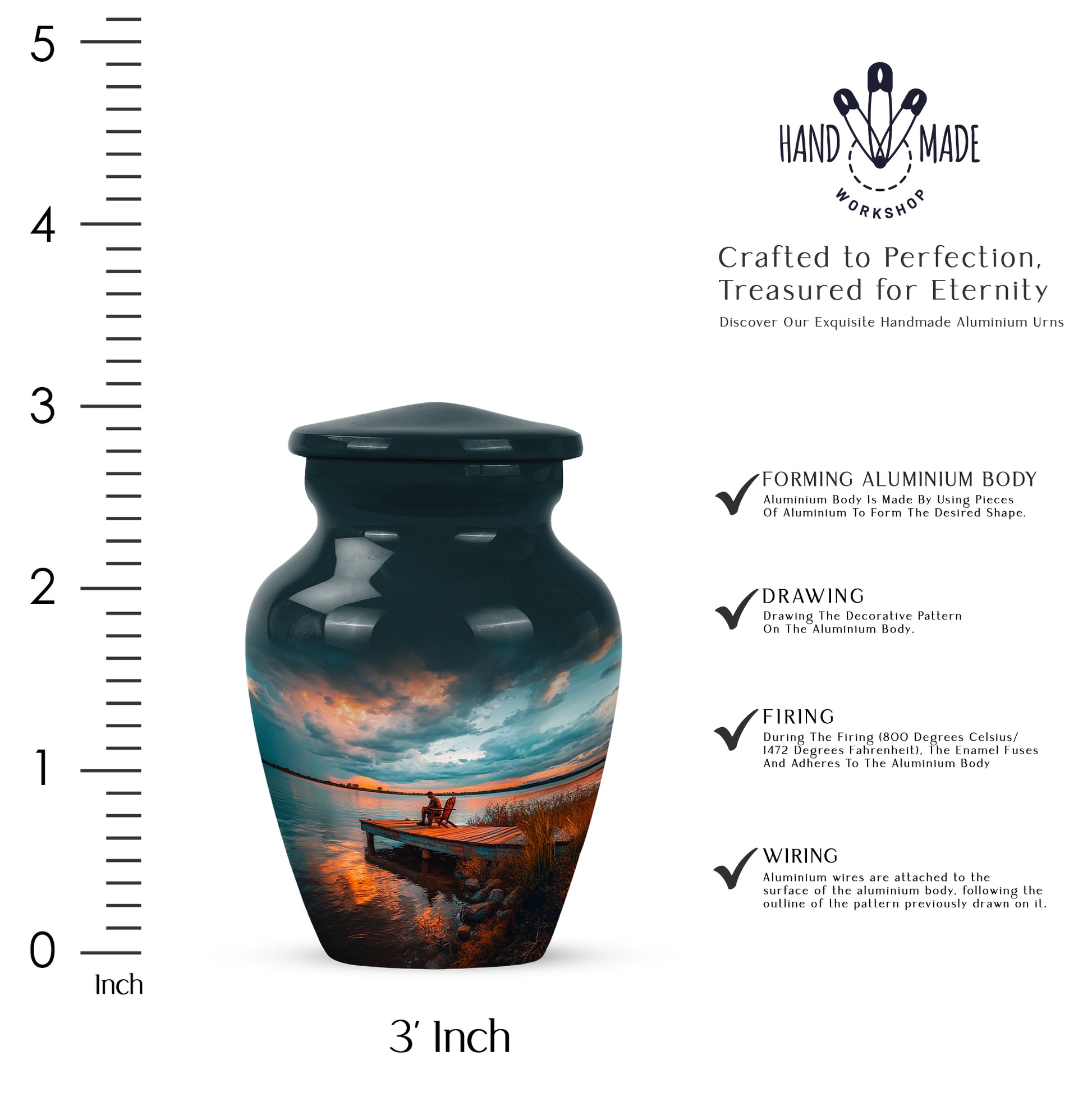 Mystic Teal Fishing Cremation Urn close-up of engraving and surface detail - traditional fishing engraving with hand-polished finish - mini keepsake memorial for portion of cremation ashes