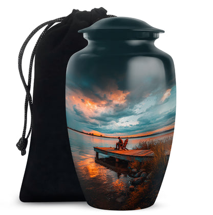 Soft Teal Fishing Cremation Urn angled view of lid and engraved motif - timeless fishing motif etched into premium metal - full-size 10 inch 200 cubic inch adult cremation urn