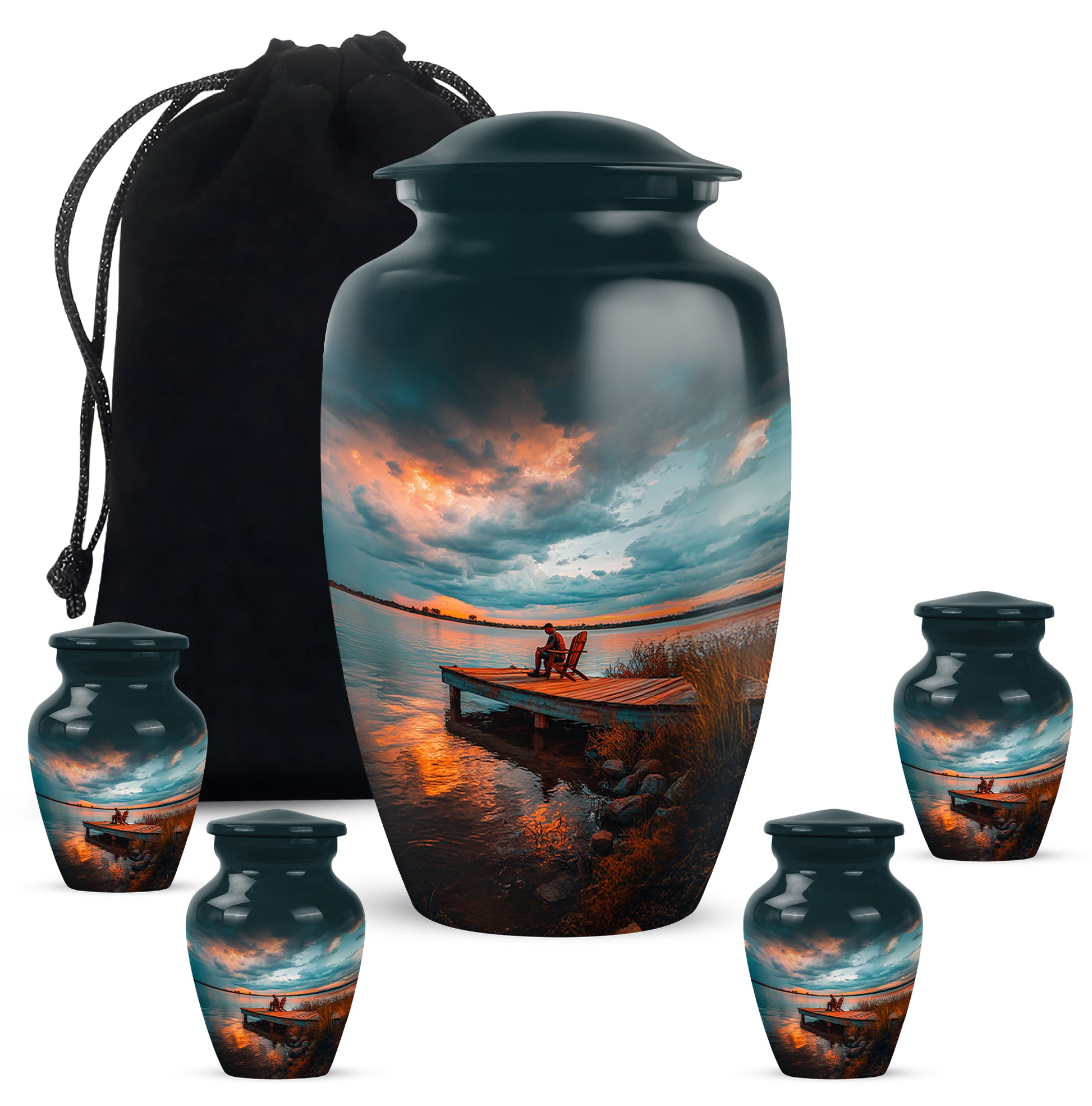 Vivid Teal Fishing Cremation Urn top-down view of secure threaded lid - elegant classic fishing relief with fine detailing - memorial set with one large and four small urns