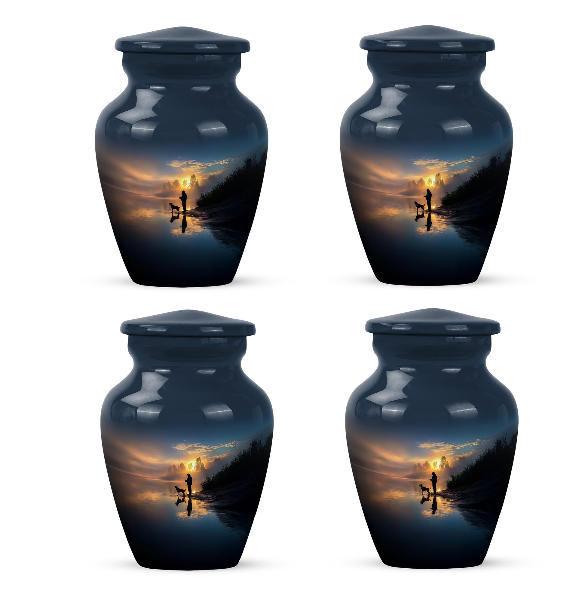 Dusty Blue Fishing Cremation Urn side profile showing urn shape - timeless fishing motif etched into premium metal - 10 inch aluminum urn for cremated remains