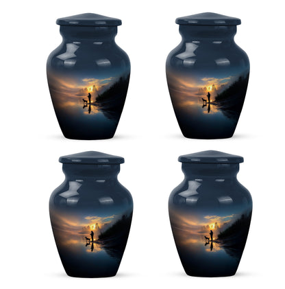 Dusty Blue Fishing Cremation Urn side profile showing urn shape - timeless fishing motif etched into premium metal - 10 inch aluminum urn for cremated remains