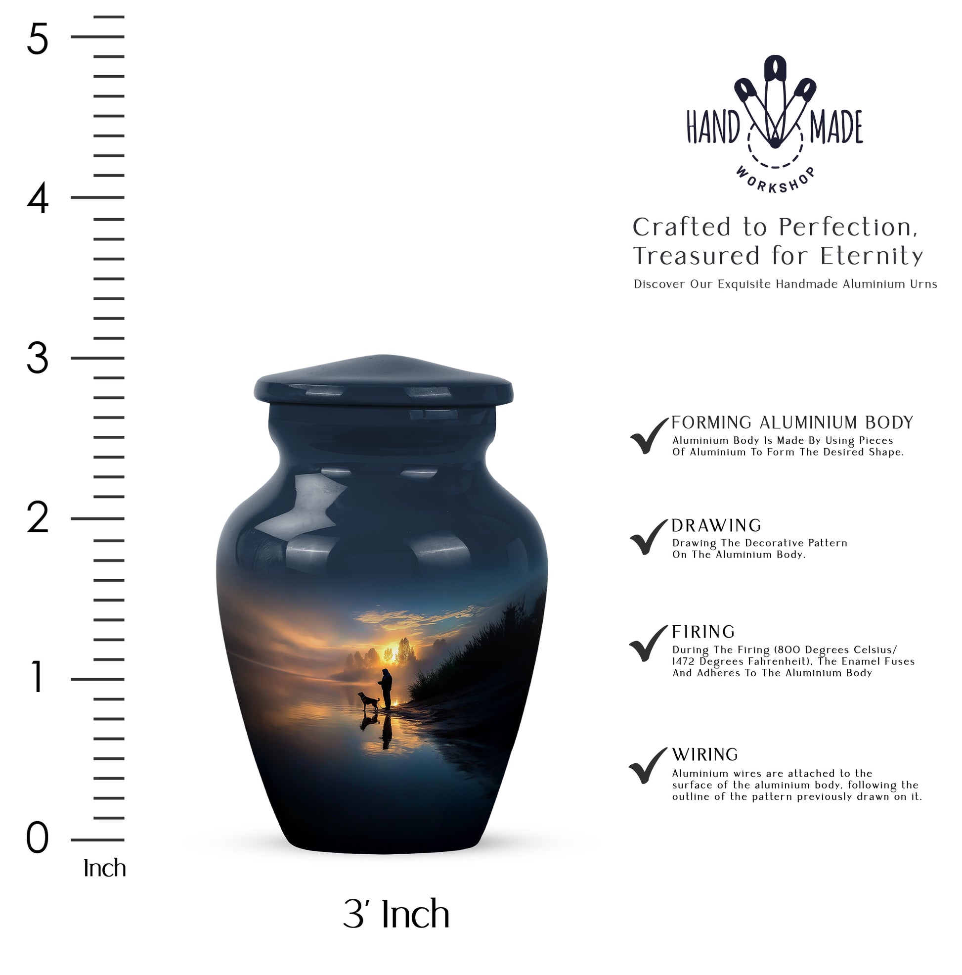 Dusty Blue Fishing Cremation Urn close-up of engraving and surface detail - classic sculpted fishing pattern on smooth aluminum - mini keepsake memorial for portion of cremation ashes