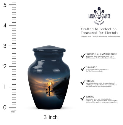Dusty Blue Fishing Cremation Urn close-up of engraving and surface detail - classic sculpted fishing pattern on smooth aluminum - mini keepsake memorial for portion of cremation ashes