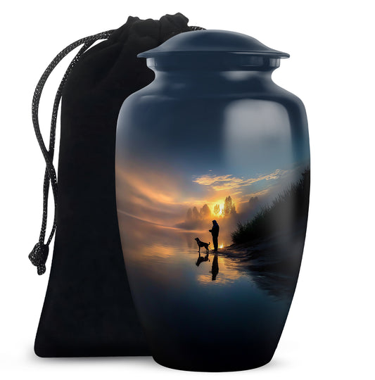 Royal Blue Fishing Cremation Urn angled view of lid and engraved motif - elegant classic fishing relief with fine detailing - full-size 10 inch 200 cubic inch adult cremation urn