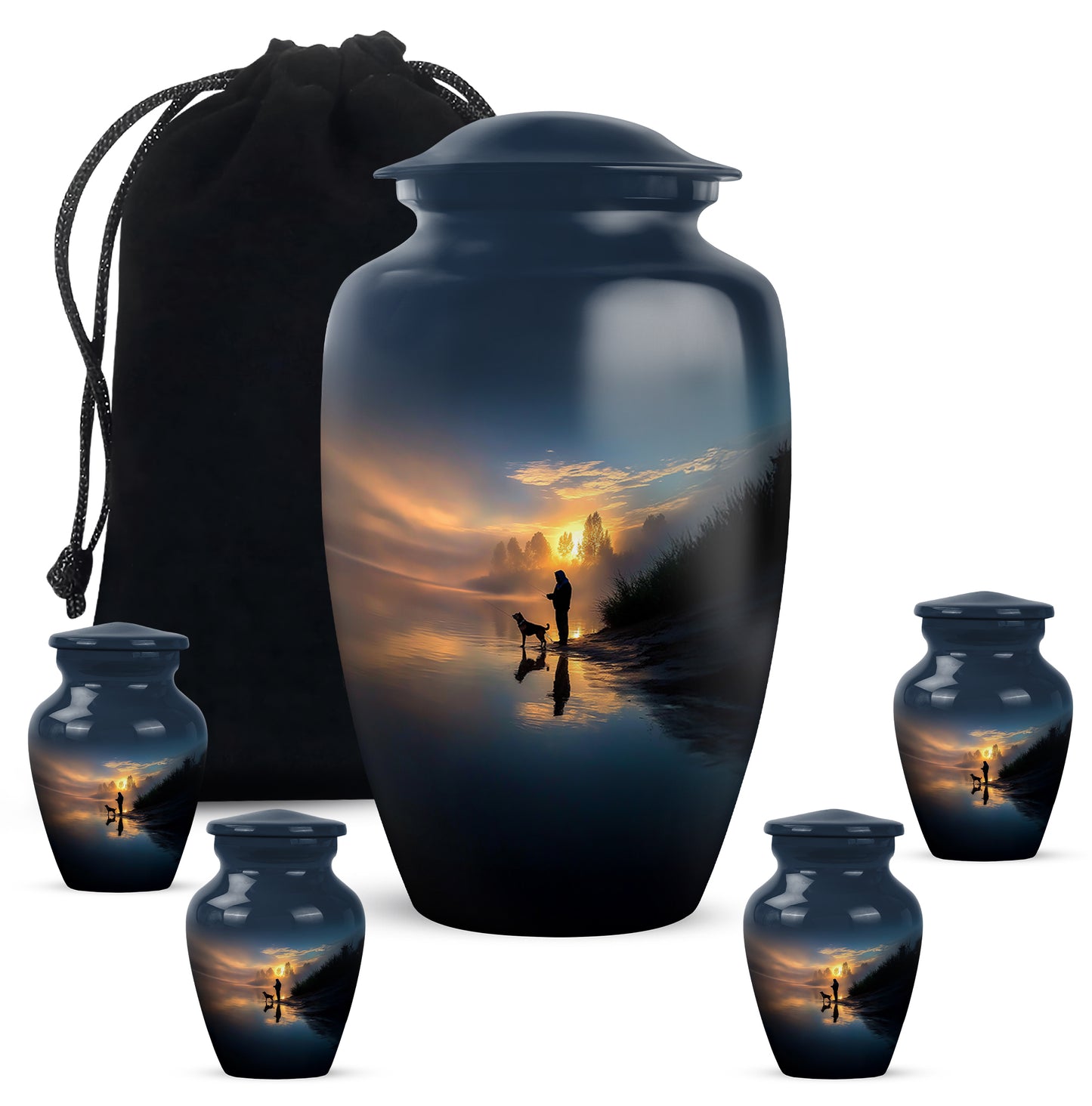 Vivid Blue Fishing Cremation Urn top-down view of secure threaded lid - traditional fishing engraving with hand-polished finish - memorial set with one large and four small urns