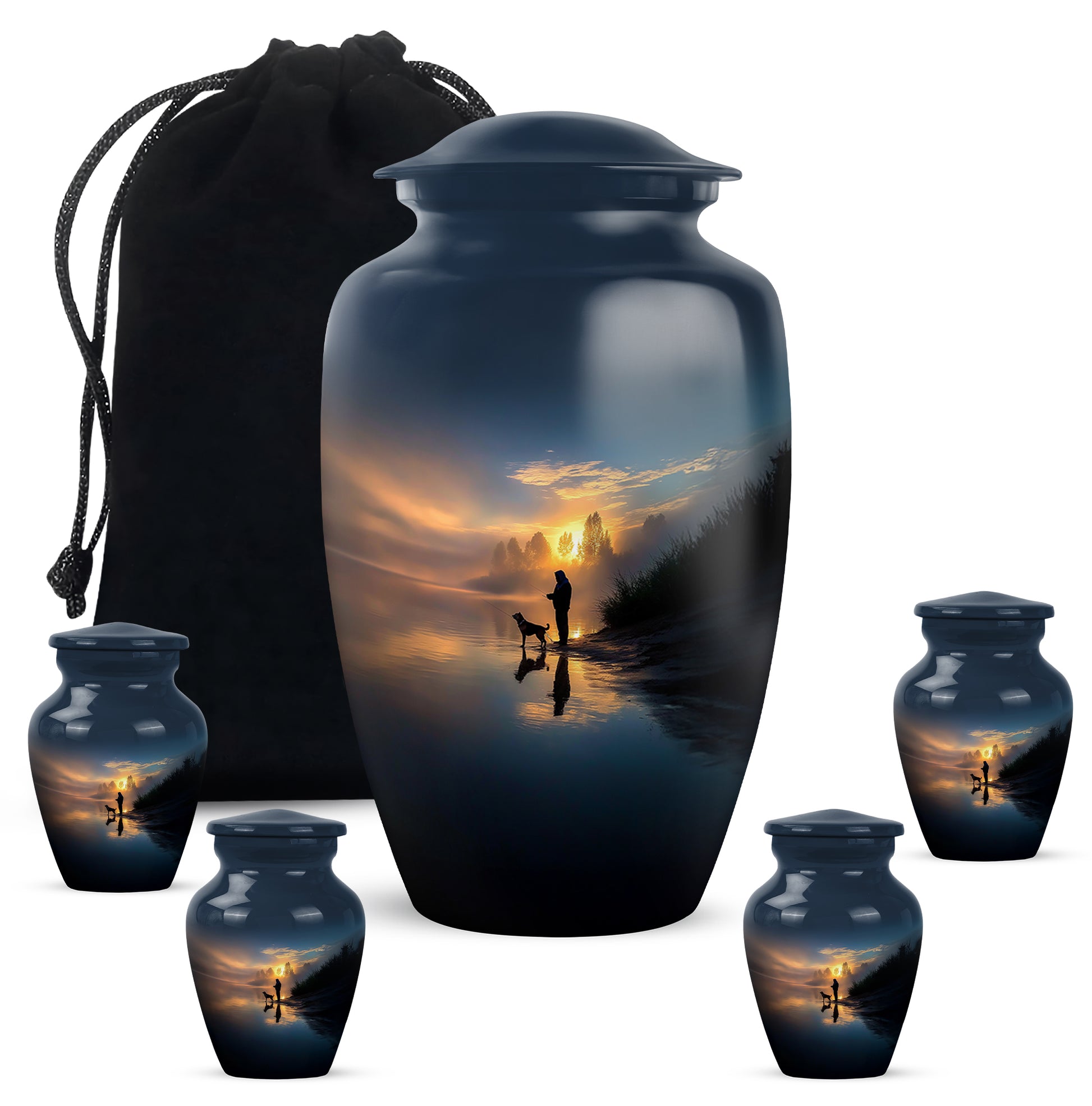Vivid Blue Fishing Cremation Urn top-down view of secure threaded lid - traditional fishing engraving with hand-polished finish - memorial set with one large and four small urns