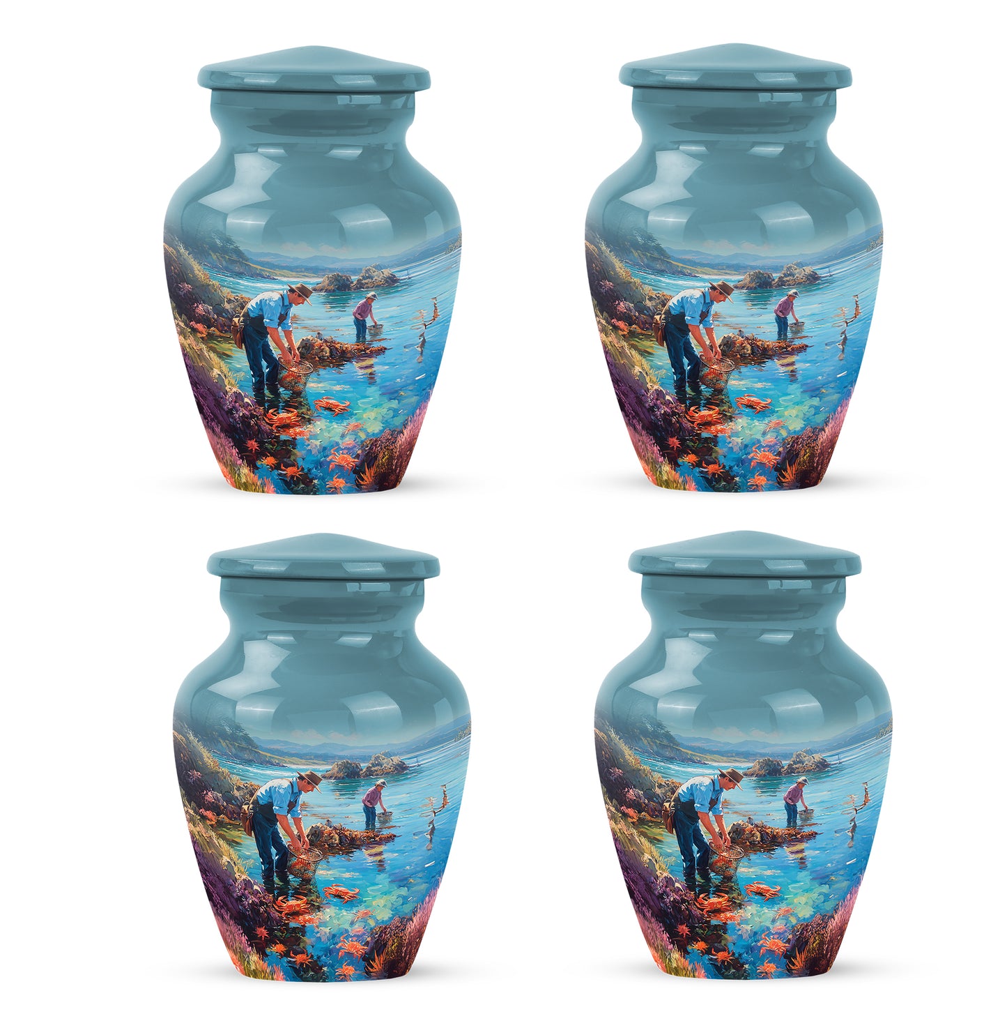 Deep Teal Fishing Cremation Urn side profile showing urn shape - elegant classic fishing relief with fine detailing - 10 inch aluminum urn for cremated remains