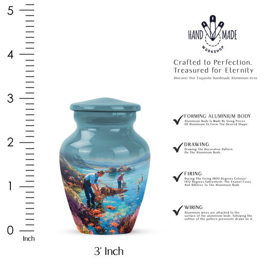 Sea Green Teal Fishing Cremation Urn close-up of engraving and surface detail - timeless fishing motif etched into premium metal - mini keepsake memorial for portion of cremation ashes