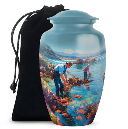 Mystic Teal Fishing Cremation Urn angled view of lid and engraved motif - elegant classic fishing relief with fine detailing - full-size 10 inch 200 cubic inch adult cremation urn