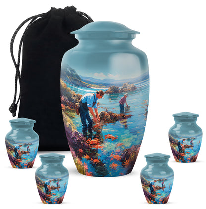 Aqua Teal Fishing Cremation Urn top-down view of secure threaded lid - elegant classic fishing relief with fine detailing - memorial set with one large and four small urns