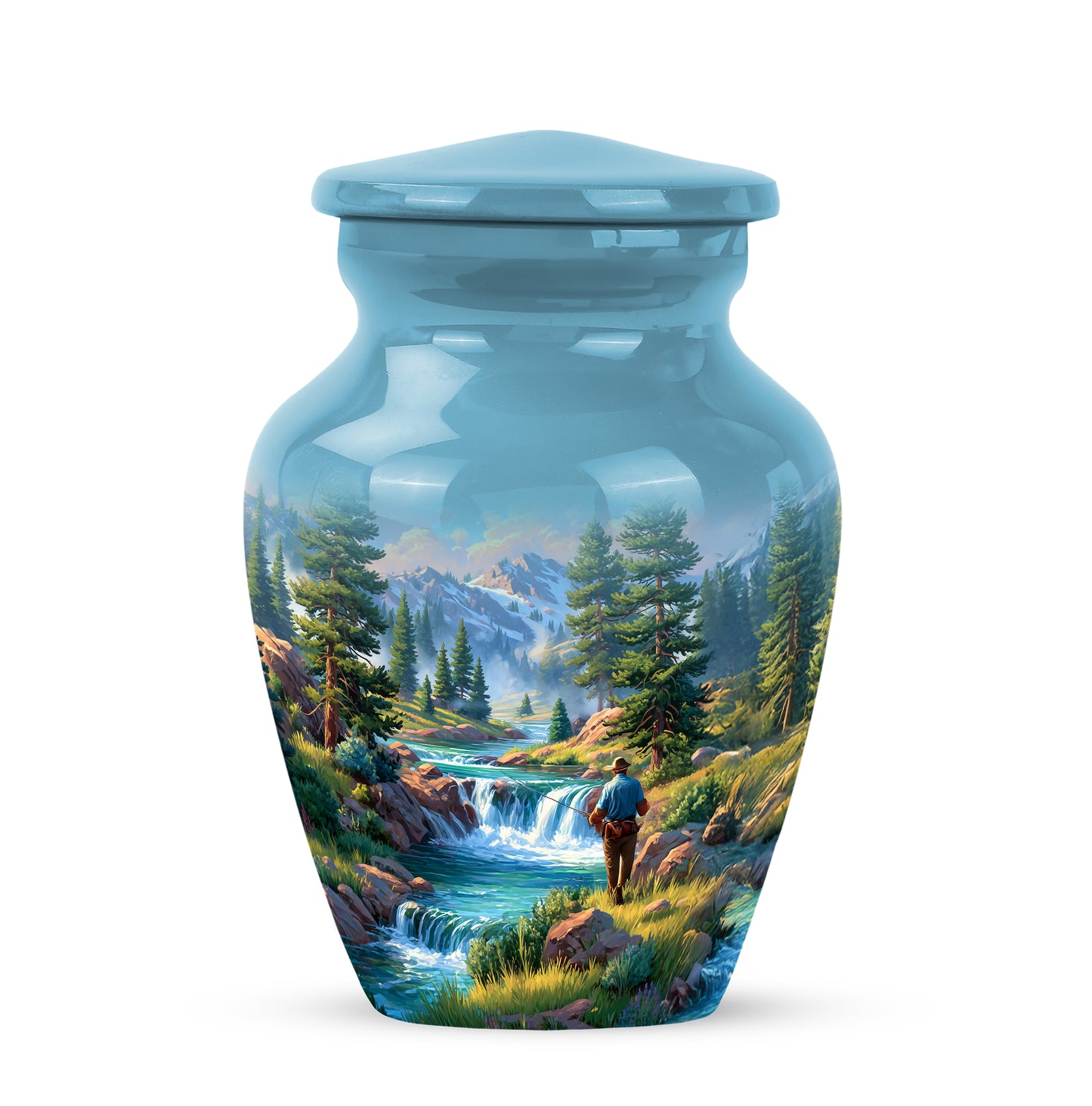 Personalized Blue Revered Fishing Cremation Urns for Human Ashes - 10-inch, 200 cu in - Yatskia