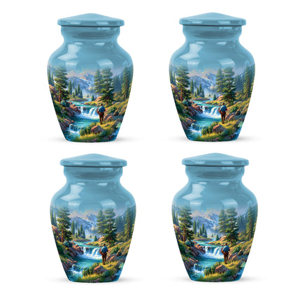 Icy Blue Fishing Cremation Urn side profile showing urn shape - timeless fishing motif etched into premium metal - 10 inch aluminum urn for cremated remains