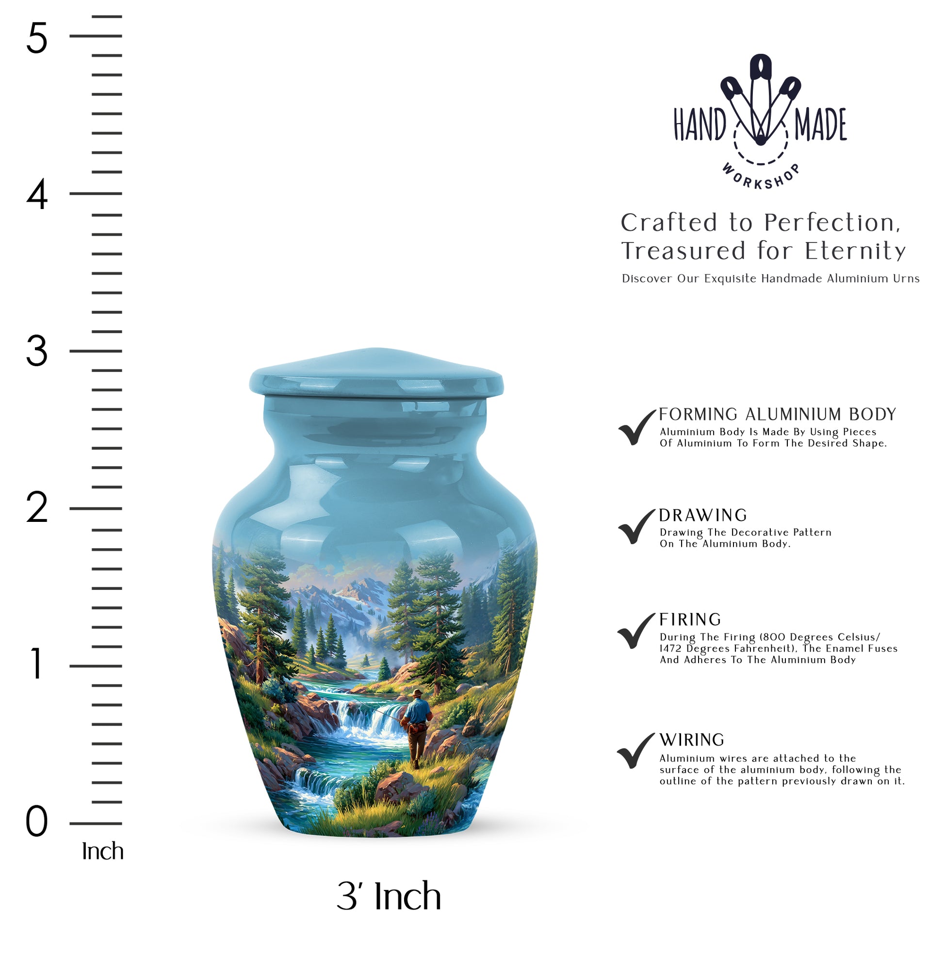 Celestial Blue Fishing Cremation Urn close-up of engraving and surface detail - classic sculpted fishing pattern on smooth aluminum - mini keepsake memorial for portion of cremation ashes