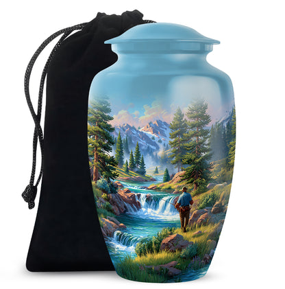 Steel Blue Fishing Cremation Urn angled view of lid and engraved motif - elegant classic fishing relief with fine detailing - full-size 10 inch 200 cubic inch adult cremation urn
